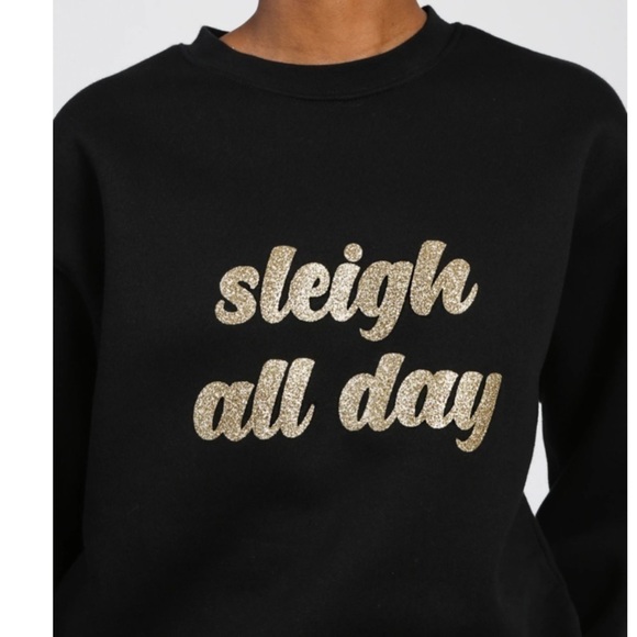 BRUNETTE the Label "SLEIGH ALL DAY" Classic Crew Neck Sweatshirt Gold Glitter - Picture 2 of 10